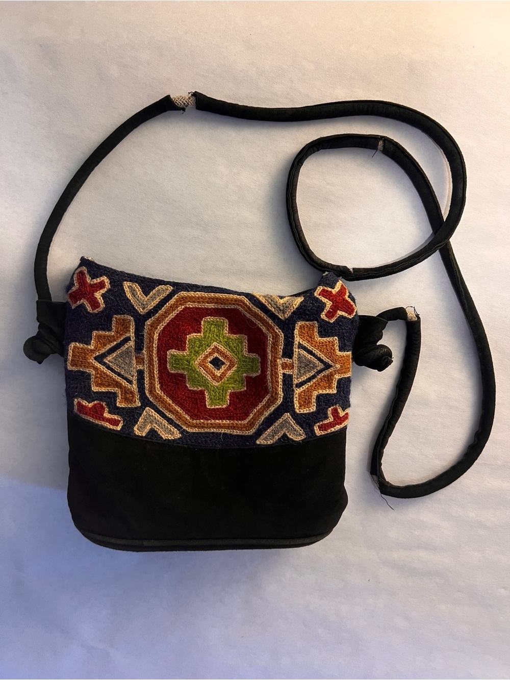 Kashmiri Crewel Embroidered Crossbody Bag Suede Leather India Handmade Boho